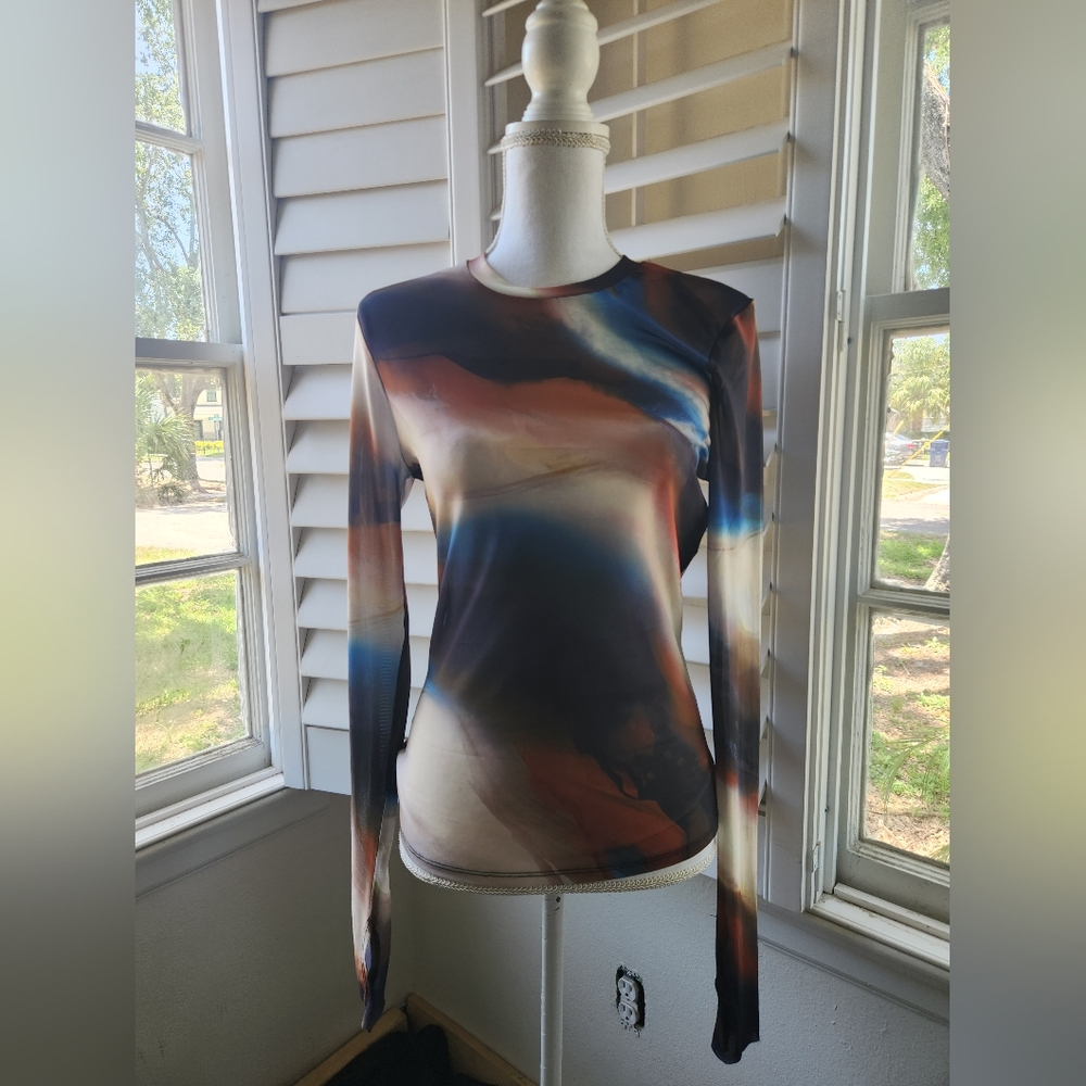 Avec Les Filles Marble Mesh Sheer Top Size Large Brown Watercolor